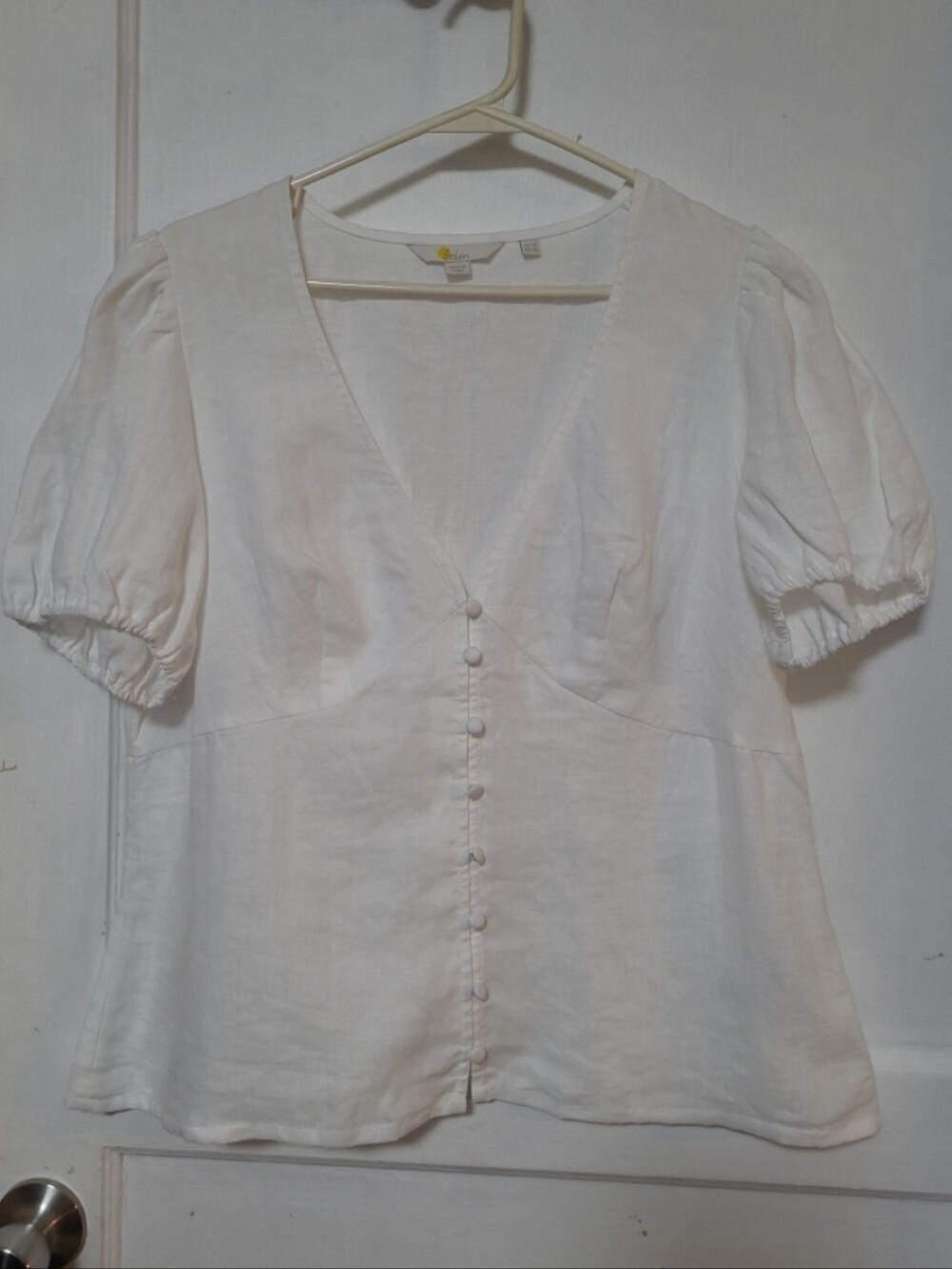 Boden Linen White Puff Sleeve Button-Front Blouse 12 LARGE